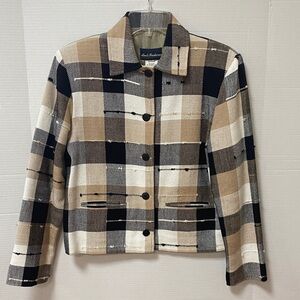 Women's Plaid Jacket by Ana's Fashions- Black, Brown, and Cream, Small